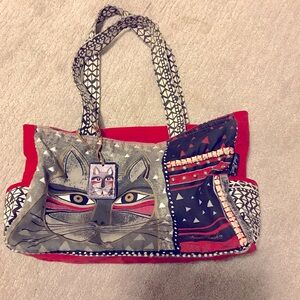 Laurel Burch Whiskered Cat Medium Canvas tote bag - Red & Gray